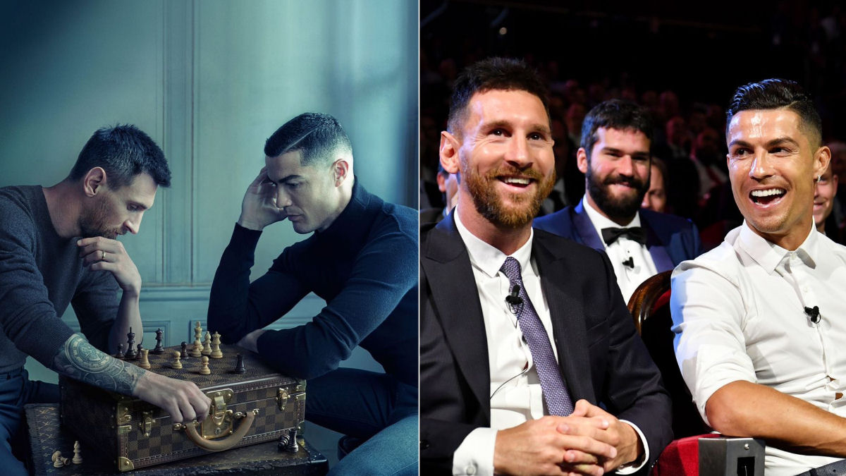 Messi and Ronaldo playing chess Meme Template (Green Screen